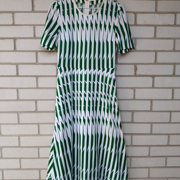 Vintage Dress Green White Vertical Geometric Stripes 32"B 27"W Retro 60s 70s - Picture 2 of 13